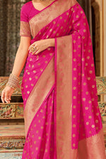 Hot Pink With Golden Border Silk Traditional Saree