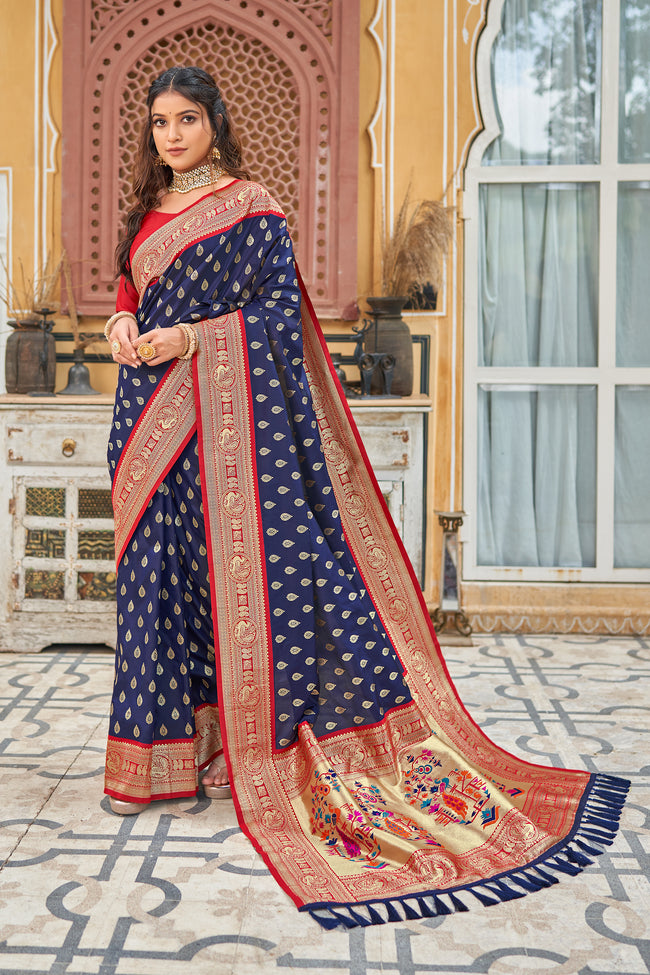 Navy Blue With Red Border Silk Traditional Saree