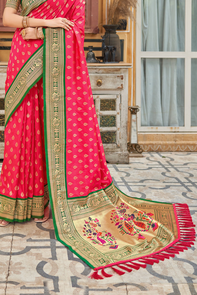 Candy Red With Green Border Silk Traditional Saree