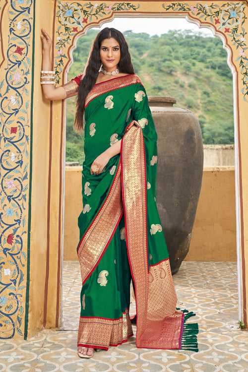 Dark Green With Red Border Silk Traditional Saree