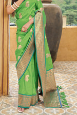 Lime Green With Golden Border Silk Traditional Saree