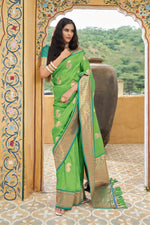 Lime Green With Golden Border Silk Traditional Saree