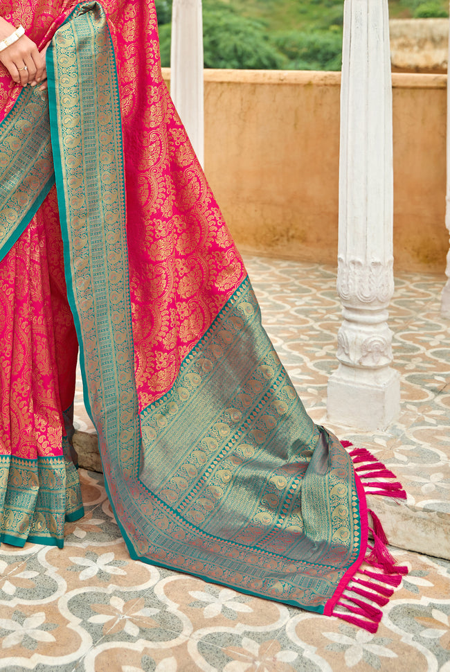 Crimson Red With Teal Border Silk Traditional Saree