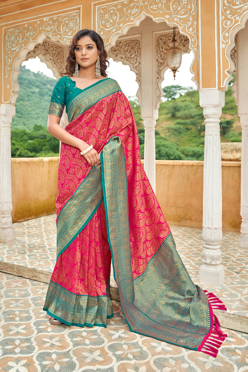 Crimson Red With Teal Border Silk Traditional Saree