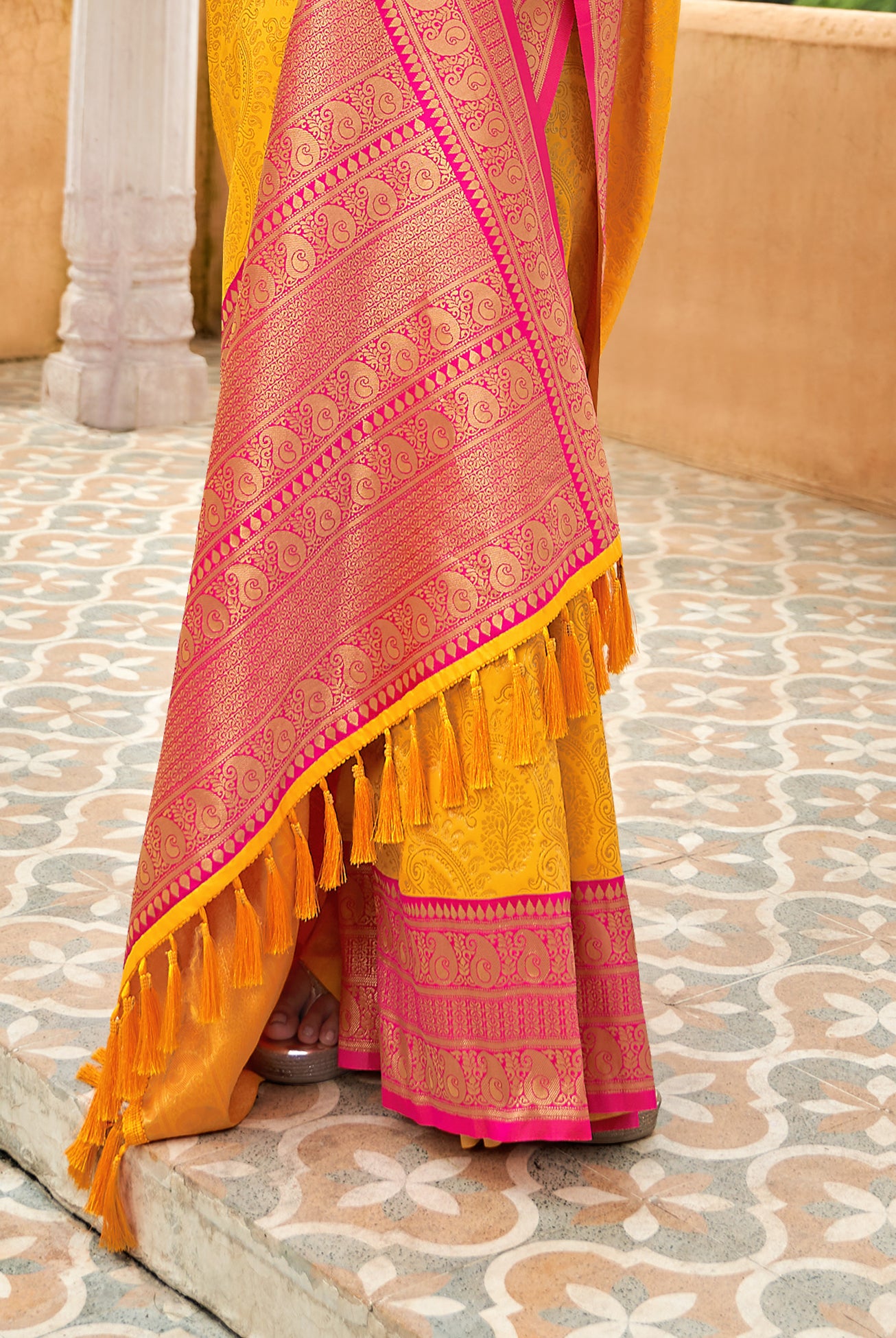 Amber Yellow With Pink Border Silk Traditional Saree – paanericlothing