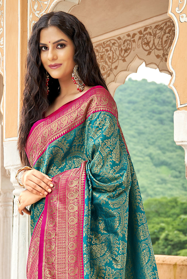 Bell Blue With Pink Border Silk Traditional Saree