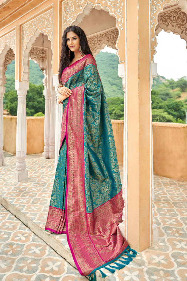Bell Blue With Pink Border Silk Traditional Saree