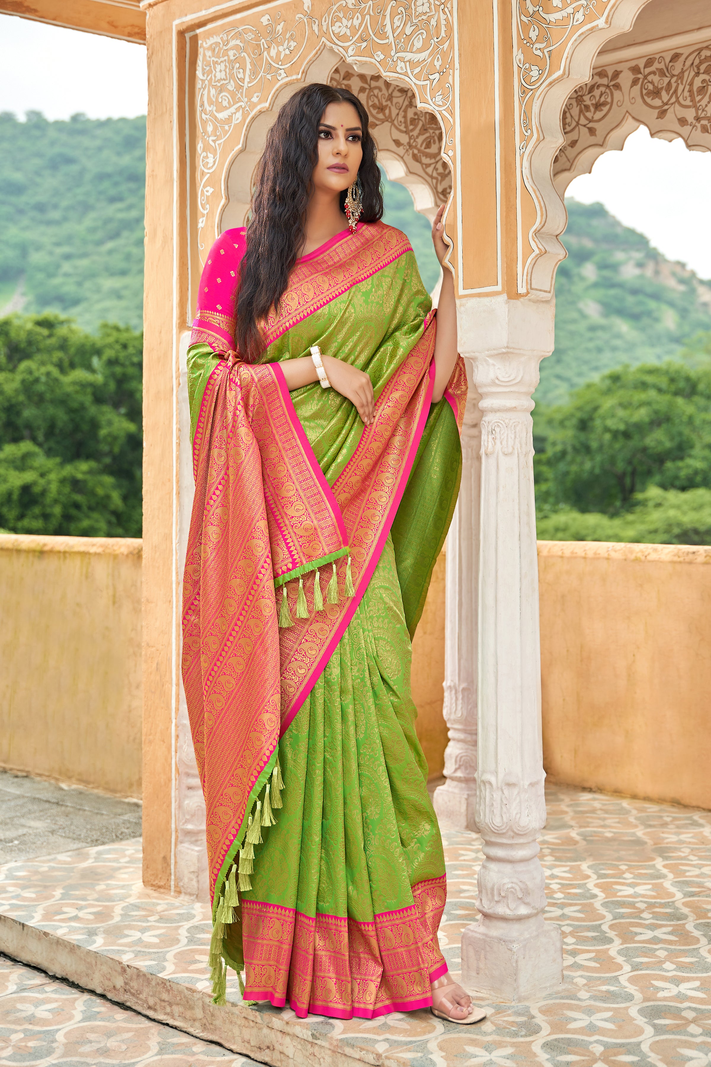 Buy Mahi parrot green bandhej saree at Rs. 1499 online from Fab Funda  banarasi sarees : mai-dd-6