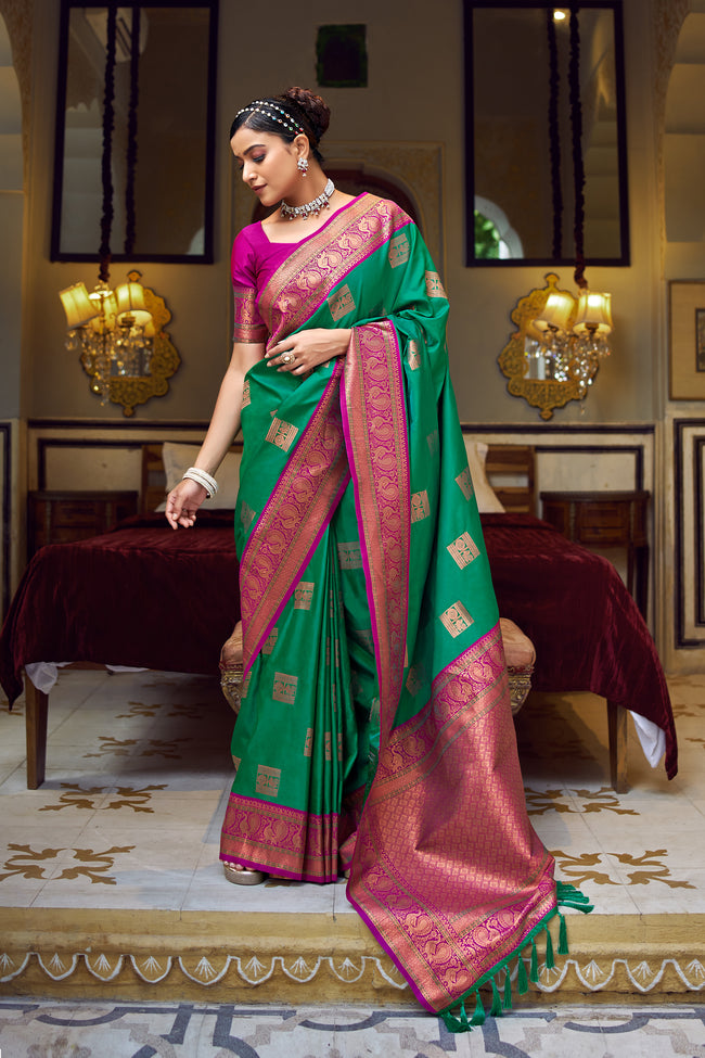 Forest Green With Pink Border Silk Traditional Saree