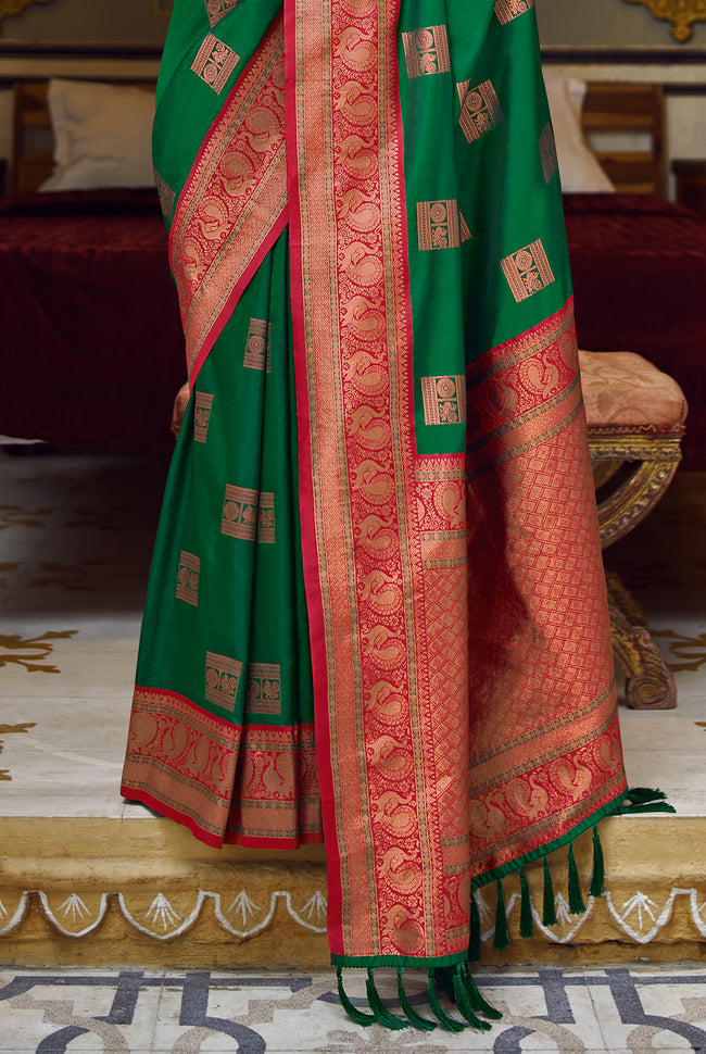 Bottle Green With Red Border Silk Traditional Saree