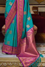 Blue With Pink Border Silk Traditional Saree