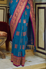 Blue With Magenta Border Silk Traditional Saree