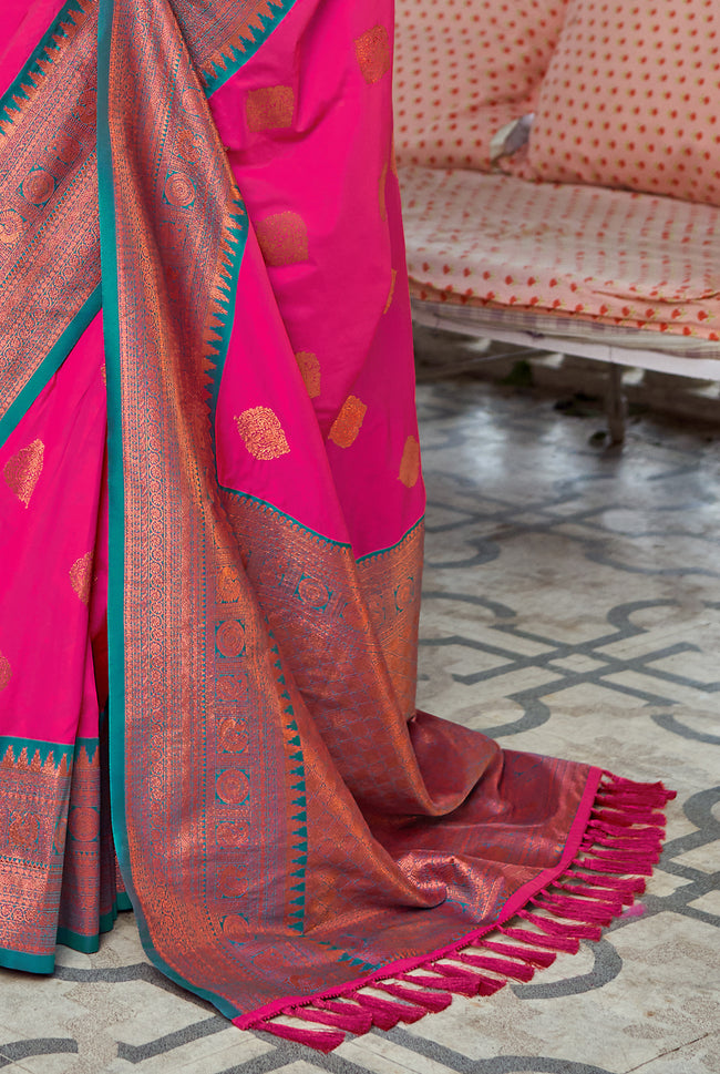 Pink With Teal Border Silk Traditional Saree