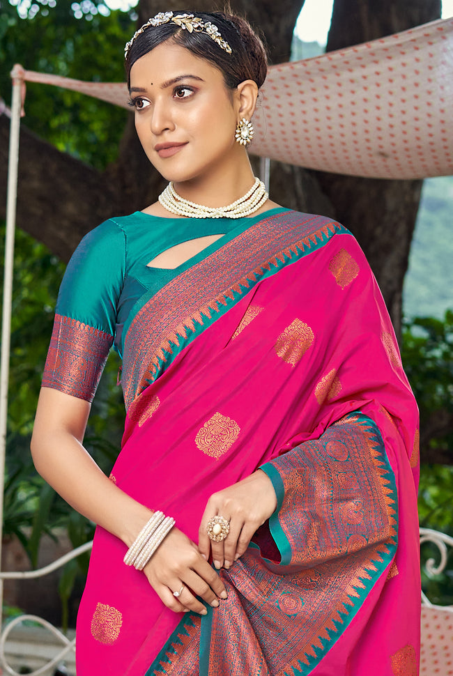 Pink With Teal Border Silk Traditional Saree
