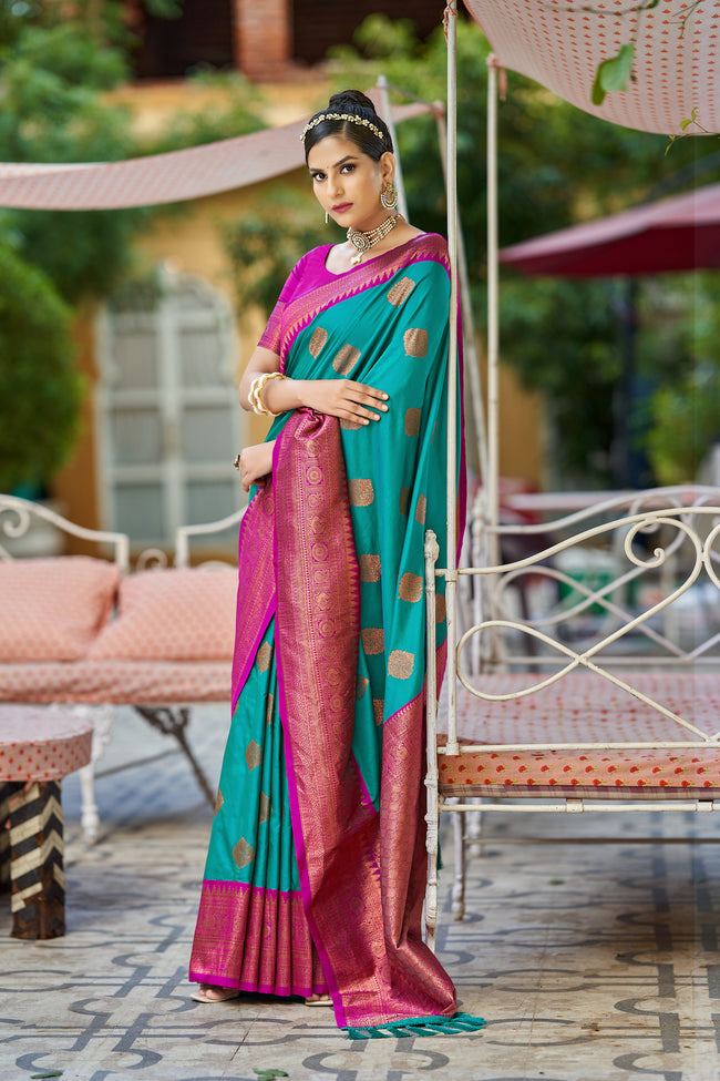 Teal With Pink Border Silk Traditional Saree