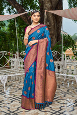 Dark Blue With Pink Border Silk Traditional Saree
