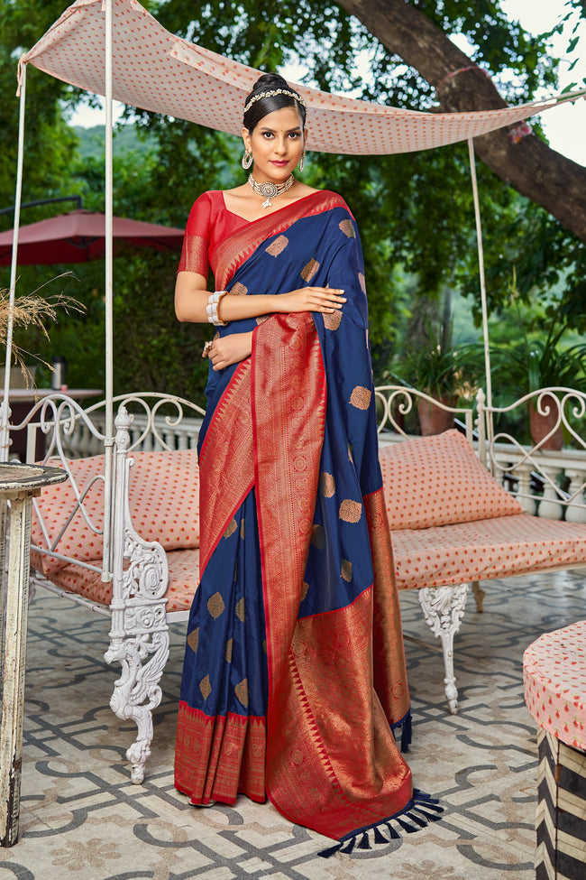Royal Blue With Red Border Silk Traditional Saree