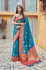 Blue With Red Border Silk Traditional Saree