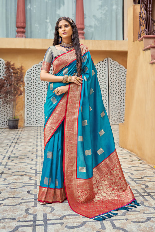 Blue With Red Border Silk Traditional Saree