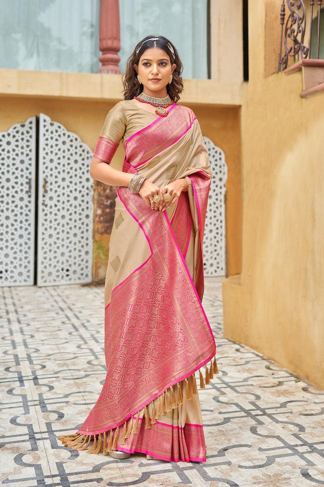 Beige With Pink Border Silk Traditional Saree