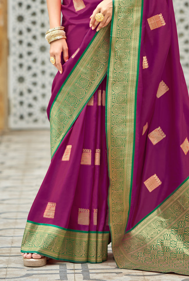 Magenta With Green Border Silk Saree Traditional Saree