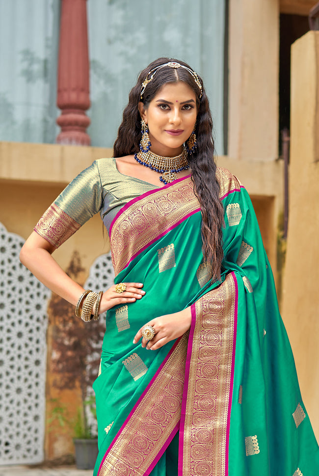 Bottle Green With Pink Border Silk Traditional Saree