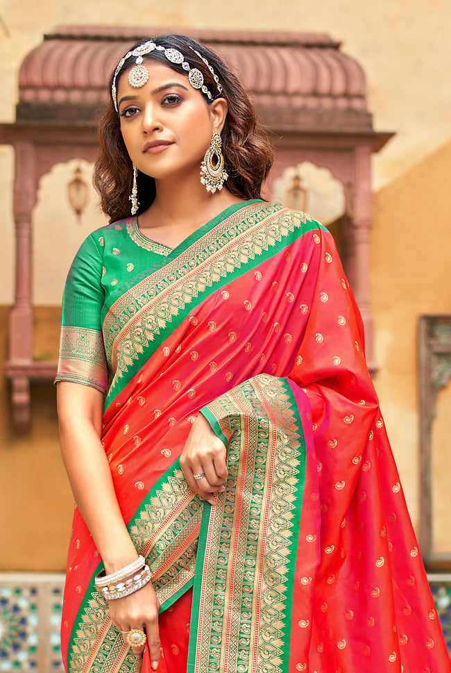 Red With Green Border Silk Traditional Saree