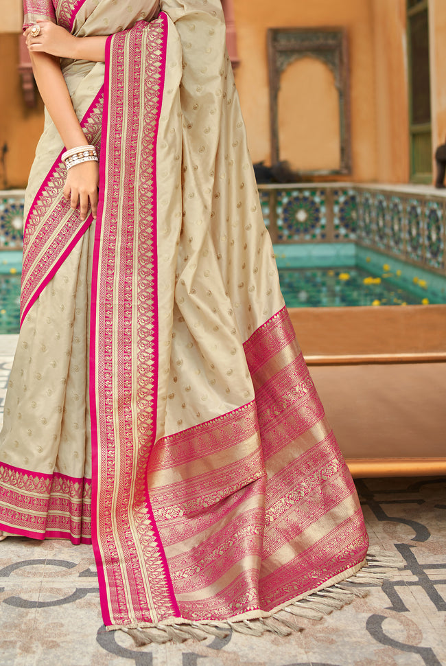Beige With Dark Pink Border Silk Traditional Saree