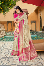 Beige With Dark Pink Border Silk Traditional Saree