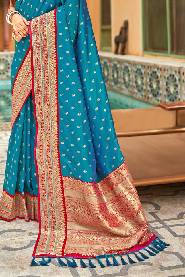 Medium Blue With Red Border Silk Traditional Saree