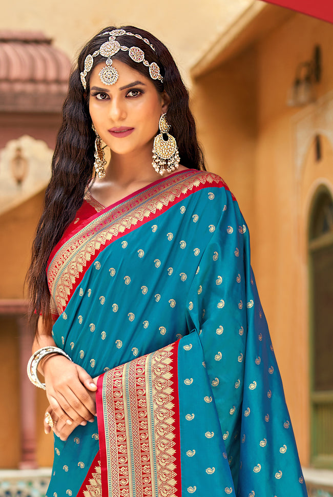 Medium Blue With Red Border Silk Traditional Saree