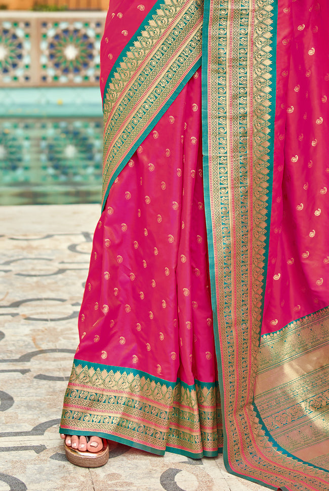 Red With Teal Border Silk Traditional Saree