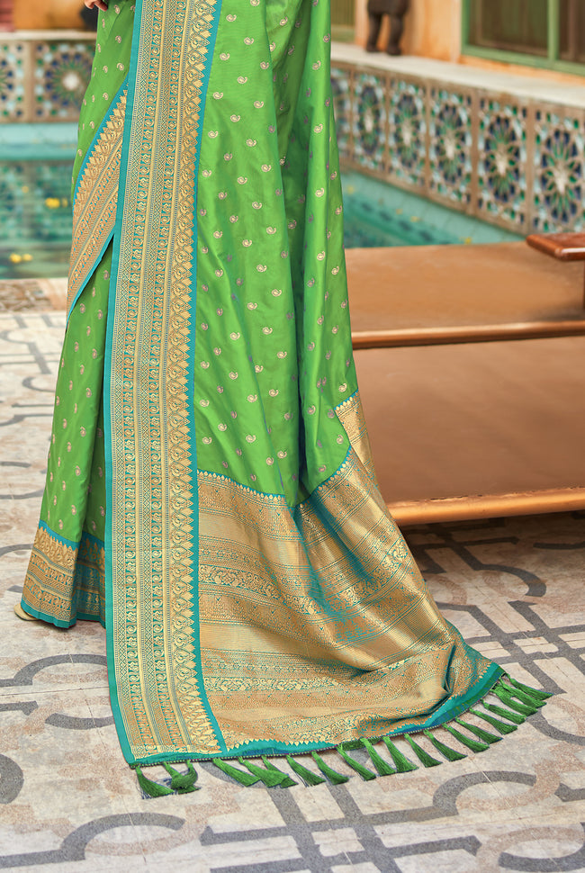 Green With Teal Border Silk Traditional Saree