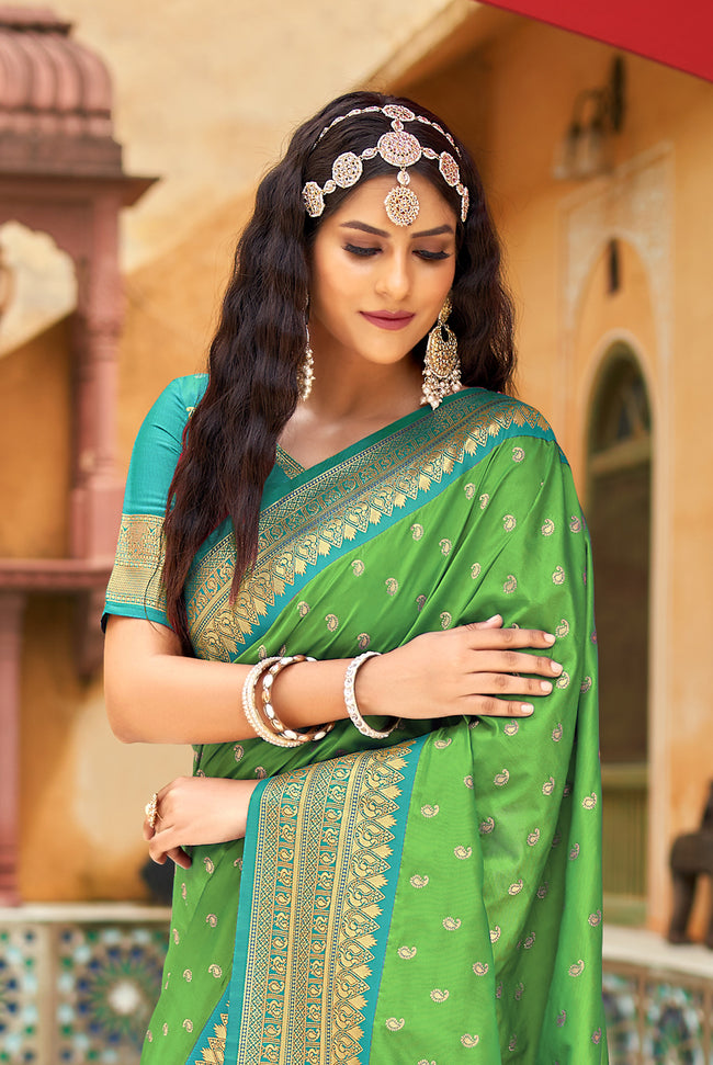 Green With Teal Border Silk Traditional Saree
