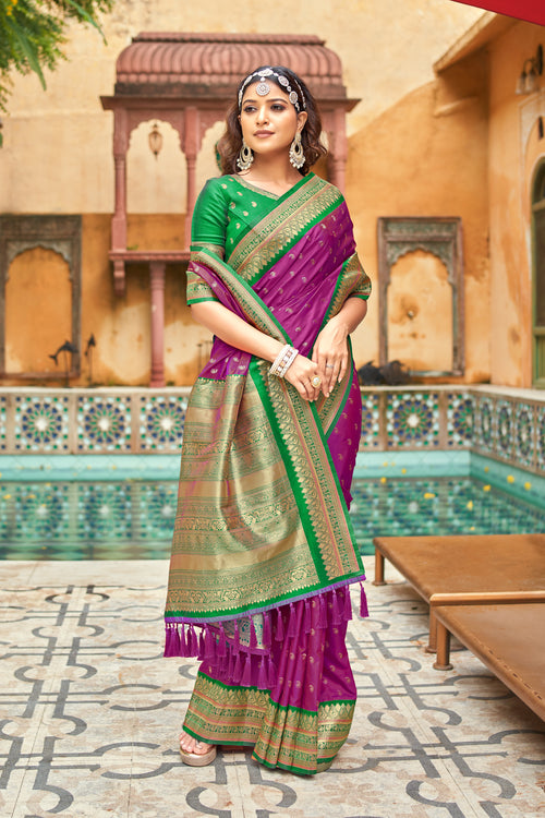 Magenta With Green Border Silk Traditional Saree