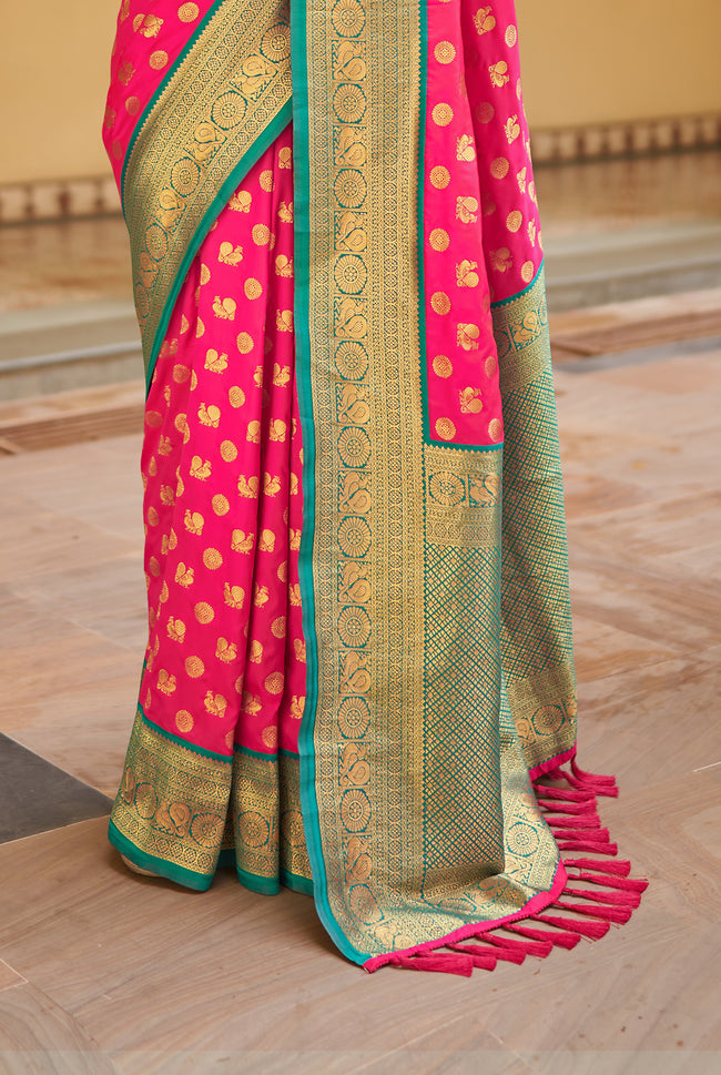 Ruby With Teal Border Silk Traditional Saree