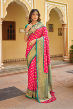 Ruby With Teal Border Silk Traditional Saree