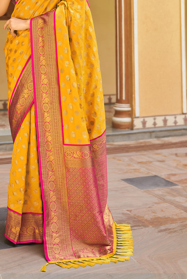 Mustard Yellow With Pink Border Silk Traditional Saree