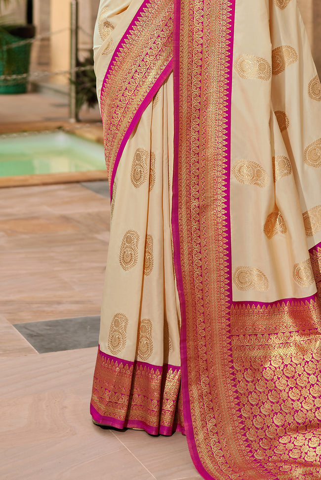 Beige With Pink Border Silk Traditional Saree