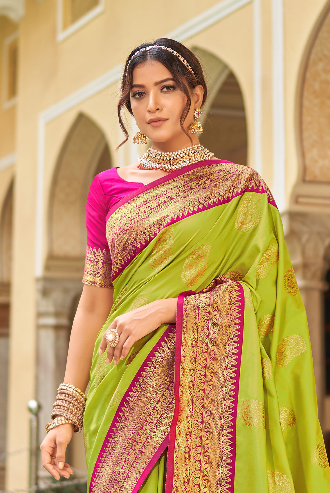Rani Pink Silk Saree With Green Blouse | Kolour