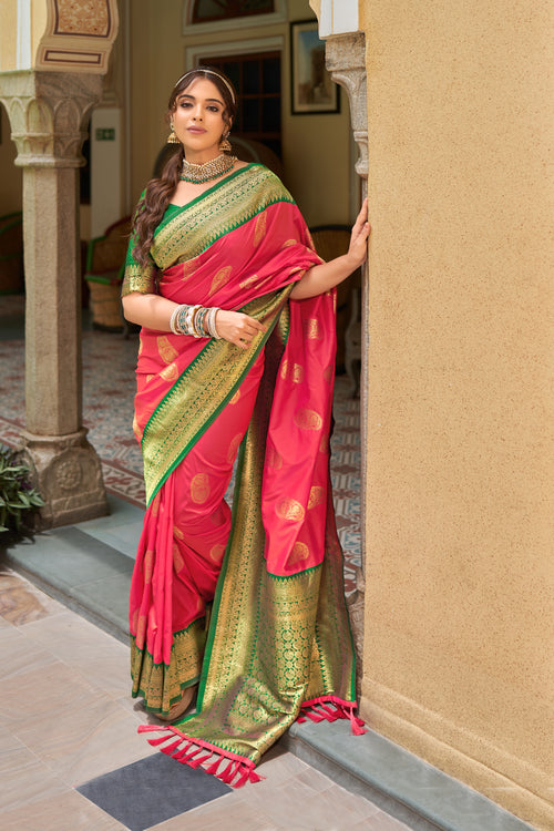 Orange Red With Green Border Silk Traditional Saree