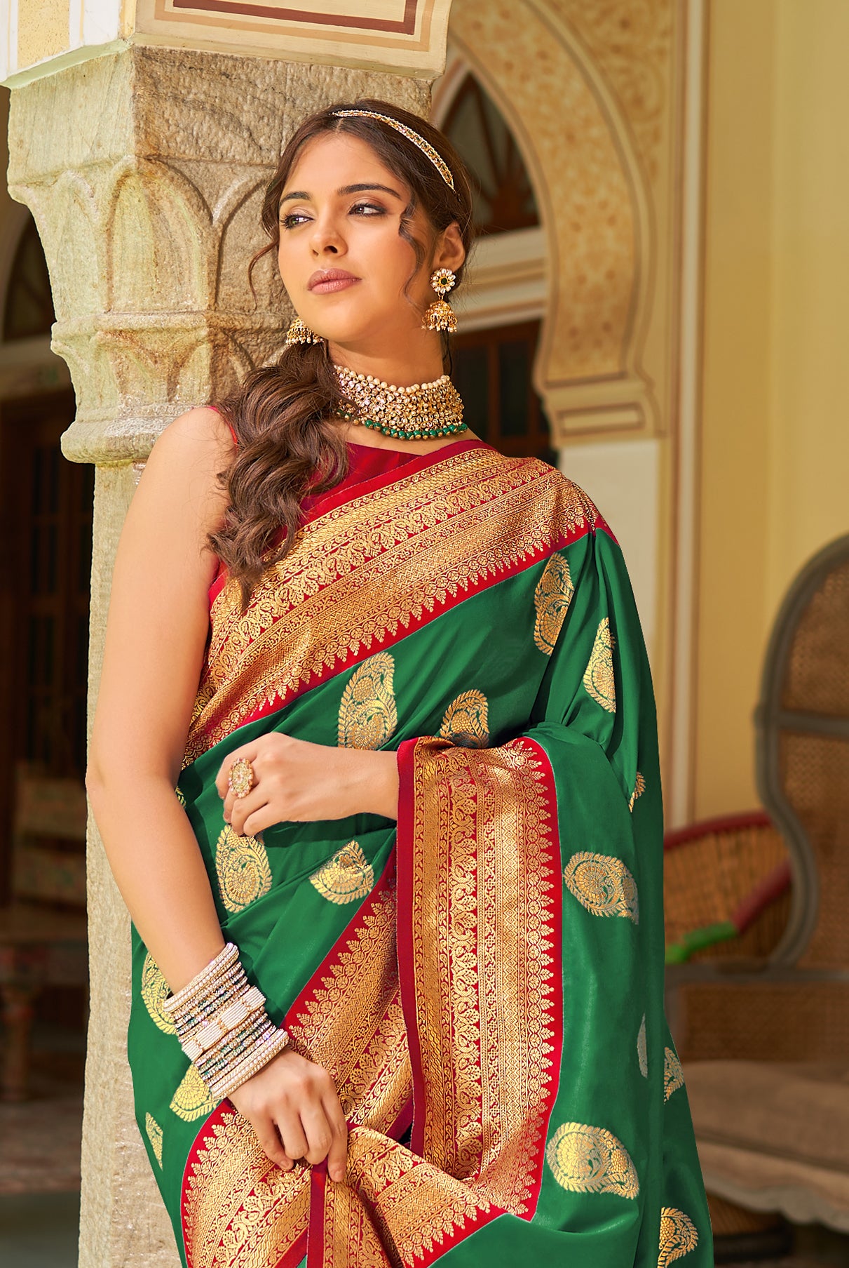 Printed Bottle Green Saree in Silk for Party