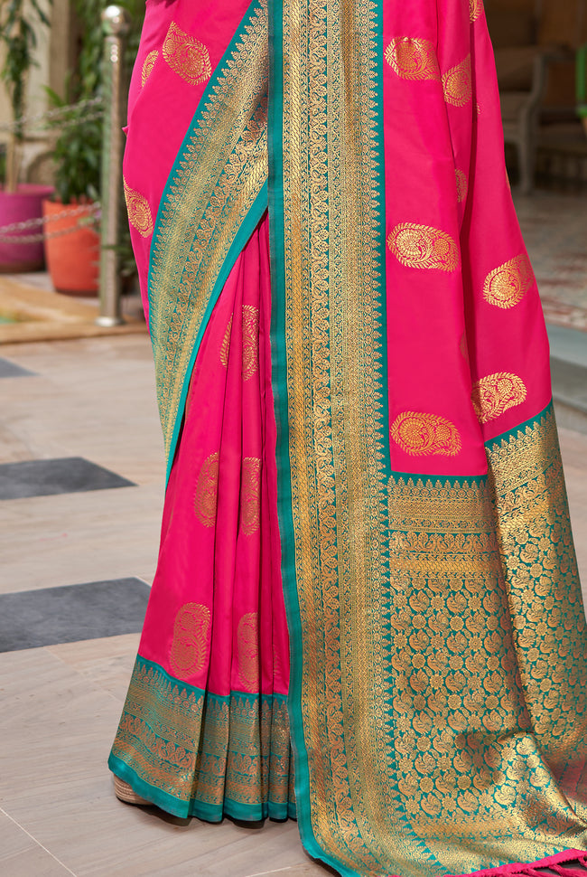 Ruby Pink With Teal Border Silk Traditional Saree