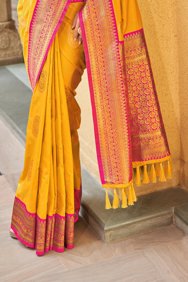 Mustard Yellow With Pink Border Silk Traditional Saree