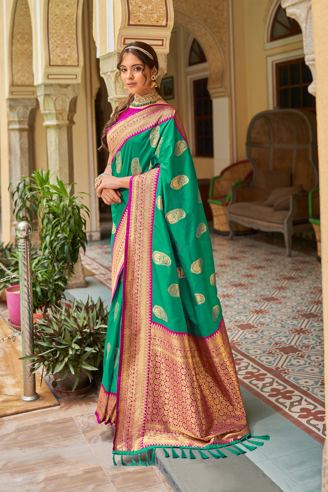 Bottle Green With Pink Border Silk Traditional Saree