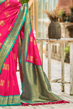 Hot Pink With Teal Border Silk Traditional Saree