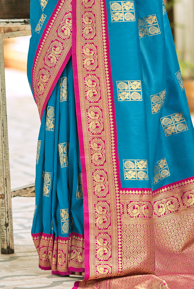 Blue With Hot Pink Border Silk Traditional Saree