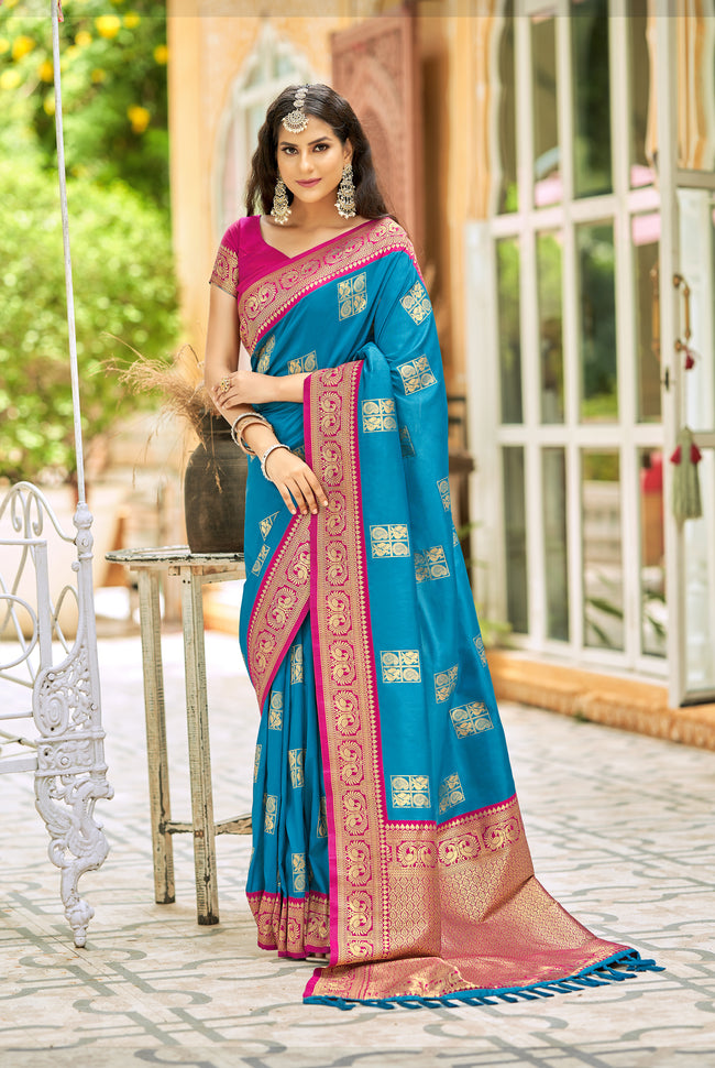 Blue With Hot Pink Border Silk Traditional Saree