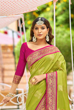 Lime Green With Pink Border Silk Traditional Saree