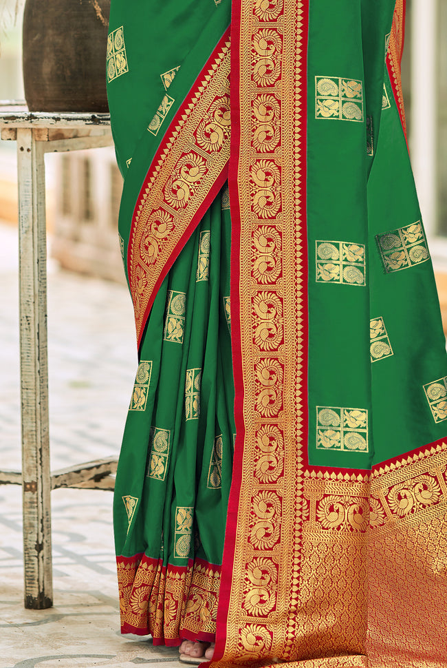 Bottle Green With Red Border Silk Traditional Saree